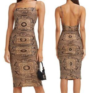 I.AM.GIA Zenith Ruched Bodycon Knee Length Tan/Blk Zodiac Print Midi Dress XS